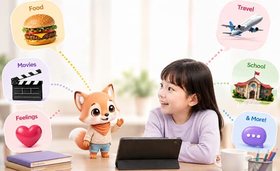 음식, 여행, 영화, 학교, 감정 등 다양한 대화 주제에 둘러싸여 AI 영어 친구와 이야기하는 아이